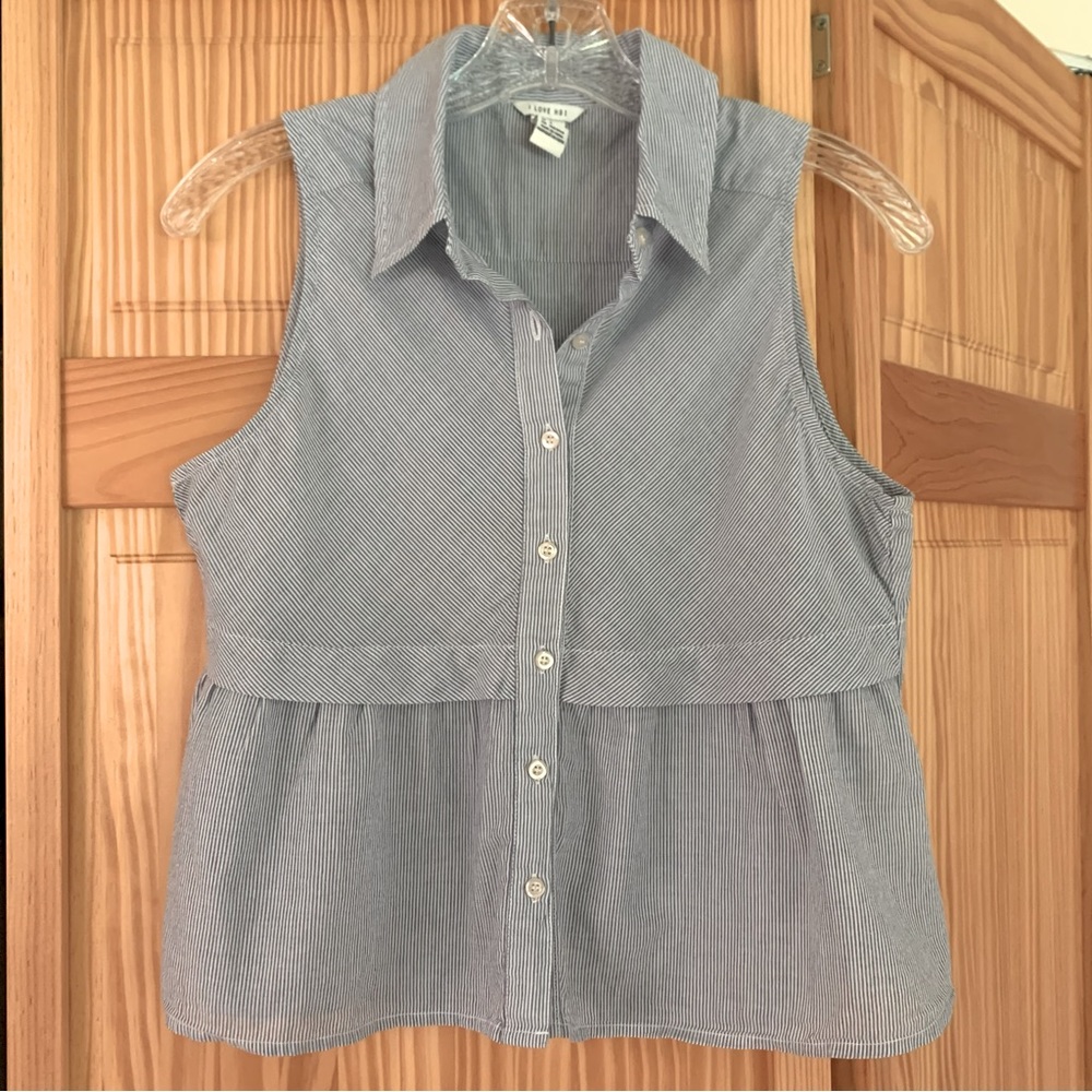 I Love H81 sleeveless light blue candy stripe button down shirt. Size small.